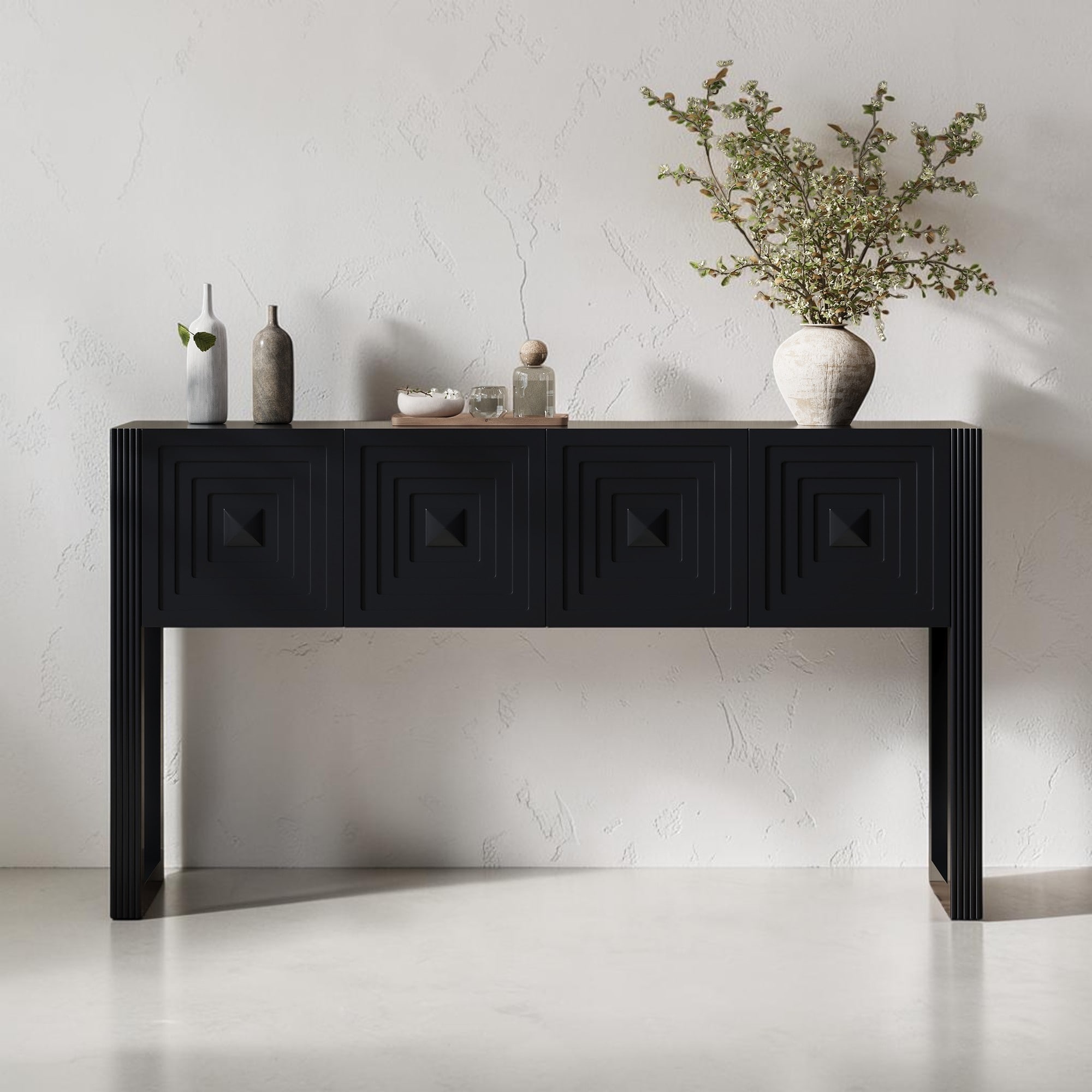 Geometric Carved Console Table with 3 Drawers, Fluted Leg Entryway Sofa Accent Table