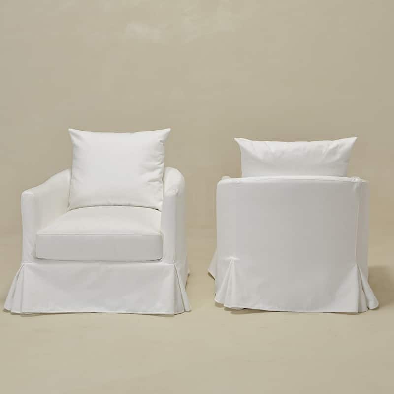 KINWELL 32" W Down Fill Upholstered Slipcovered Swivel Barrel Accent Armchair