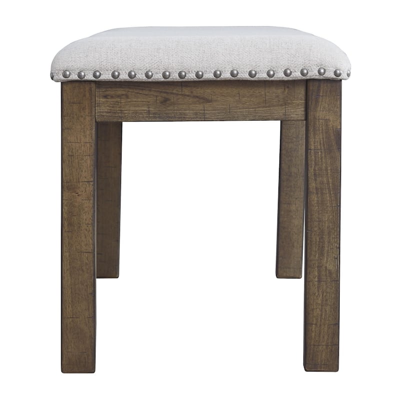 Nailhead Trim Wooden Dining Bench with Fabric Upholstery, Brown and Gray