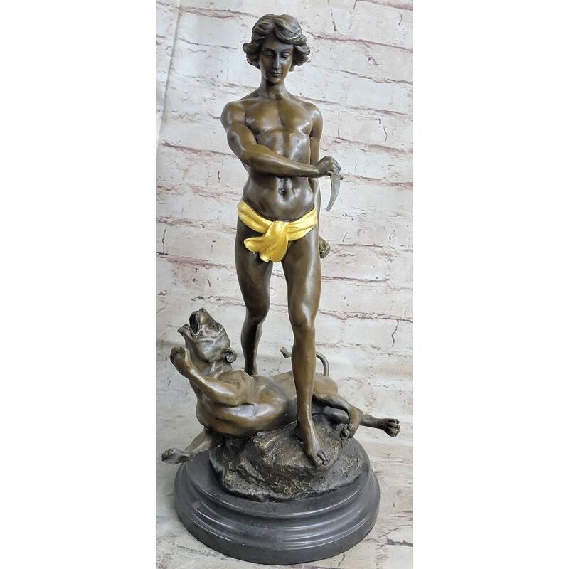 Hot Cast Art Deco Young Boy Killing Cougar With Dagger Bronze Sculpture Statue