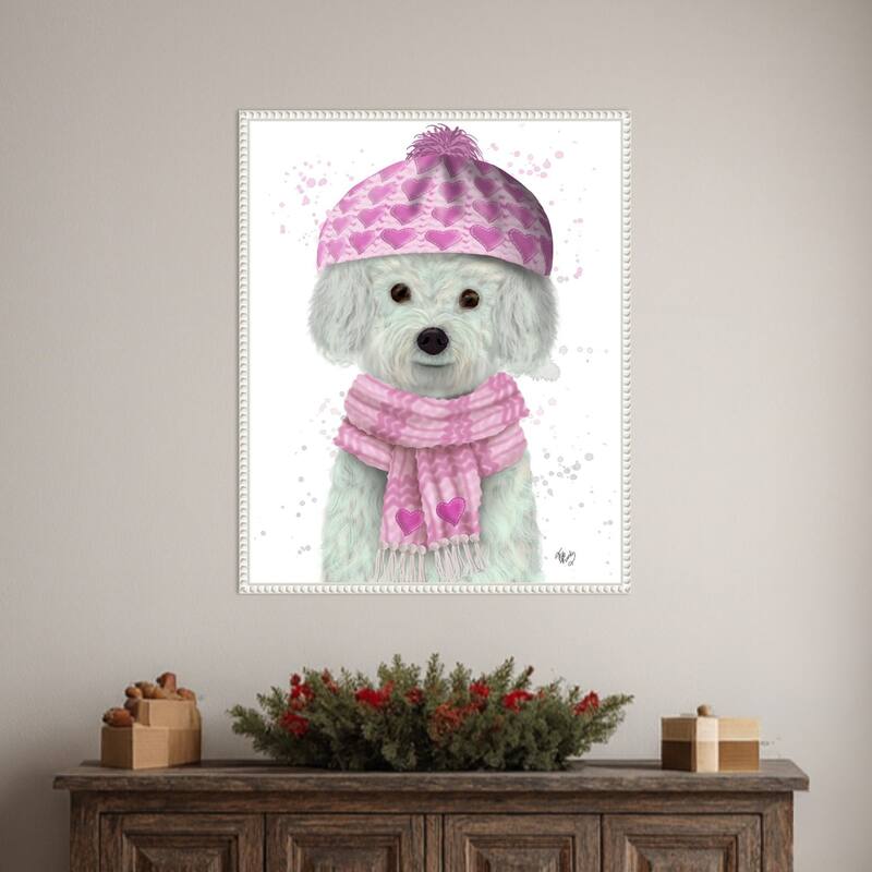 Bichon Frise in Pink Bobble Hat by Fab Funky (23 x 28 in.), Framed Canvas Wall Art Print - Sylvie Beaded White