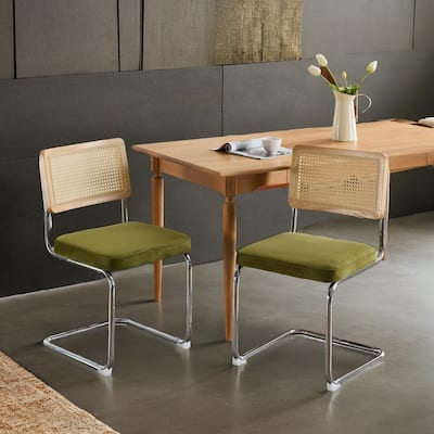 Mid Century Modern Dining Chairs Set of 2, Velvet Accent Chairs with Natural Cane Back & Stainless Chrome Base