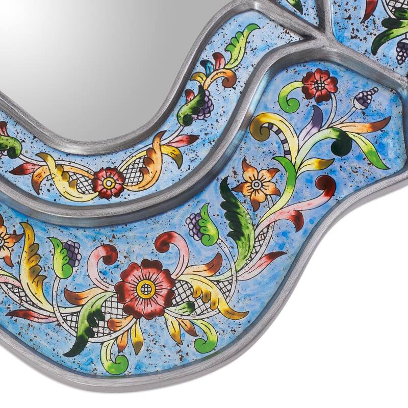 Handmade Revers Painted Bright Blue Sky Flower Mirror (Peru) - 9.75 " W x 13.0" H
