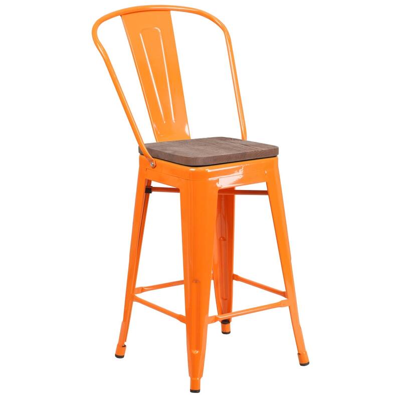 4 Pack 24" High Metal Counter Height Stool with Back and Wood Seat - 17.75"W x 20"D x 39.25"H