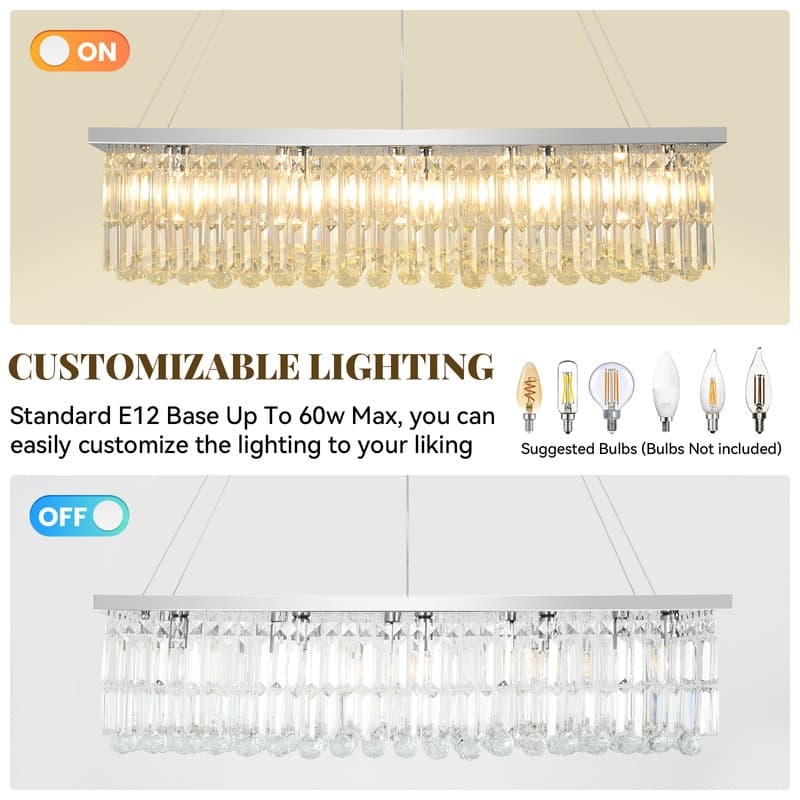 6 lights Rectangle Crystal Chandeliers for Dining Room, 39" Large Linear Water Ripple Glass Island Light Fixture