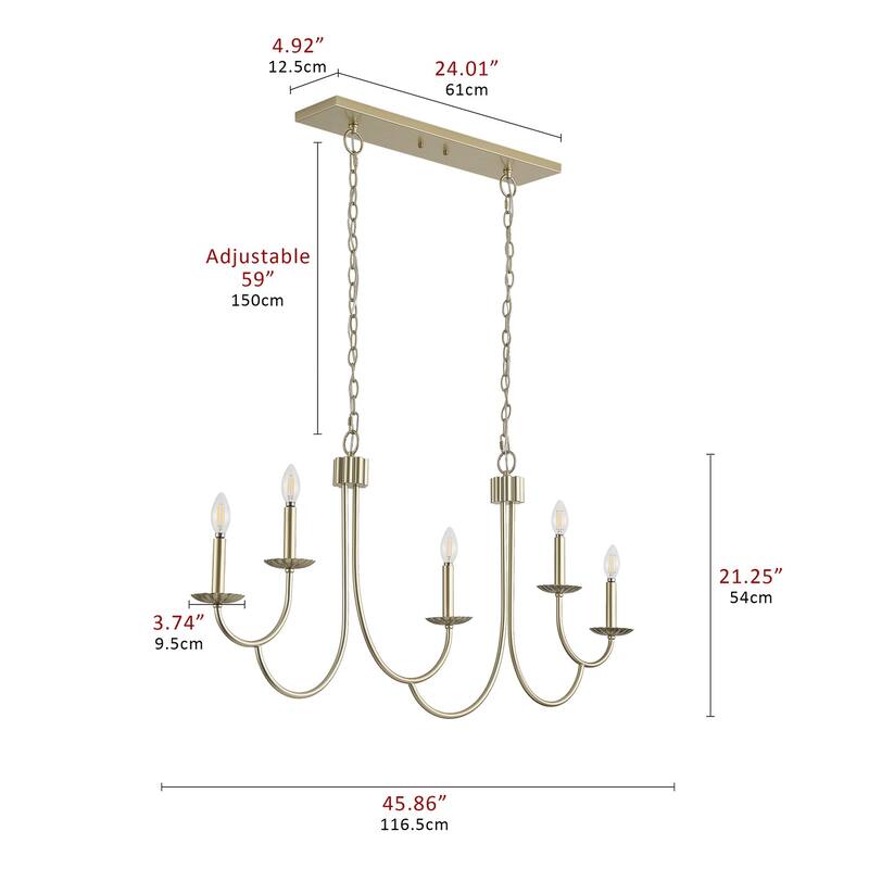 Industrial Gold 5-Light Candle Chandelier Fixture Over Table for Dining Room Kitchen Island