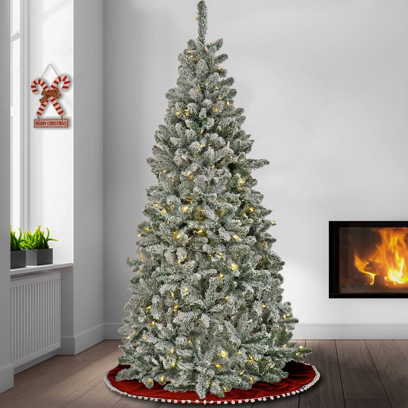 National Tree Company Pre-lit Artificial Snowy Chatham Slim Hinged Tree with 300 Dual Color LED Lights-UL, 6.5 feet - 6.5 Foot