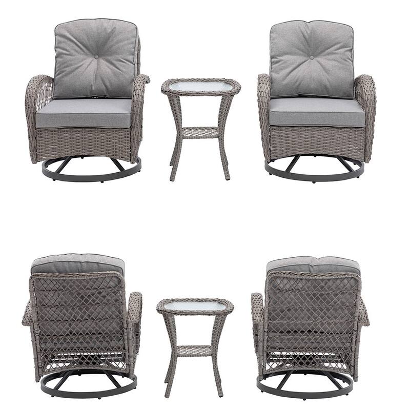 3 Pieces Outdoor Swivel Rocker Chairs, 360 Degree, Thickened Cushions & Glass Coffee Table