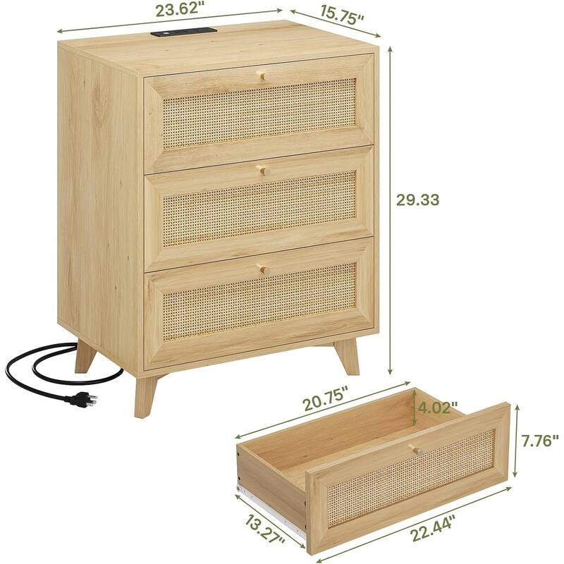 Rattan Nightstand for Bedroom Charging Station USB Ports LED Lights