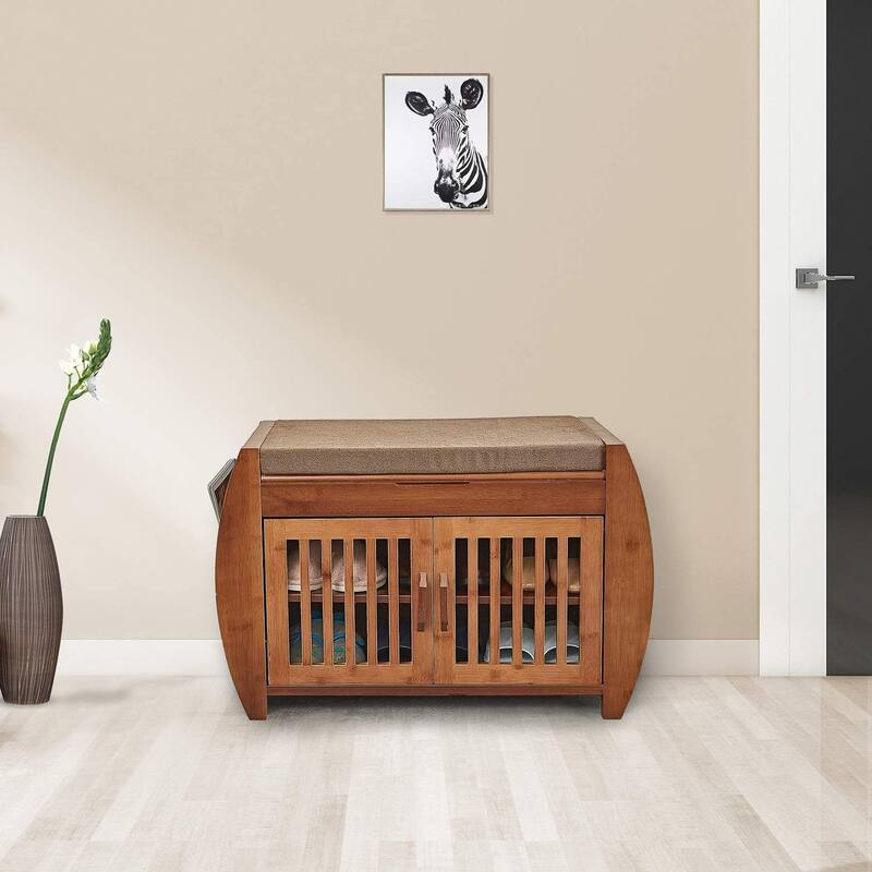 Bamboo Shoe Storage Bench with Storage Space and Padded Seat Cushion, for Entryway, Living Room, Bedroom, Brown