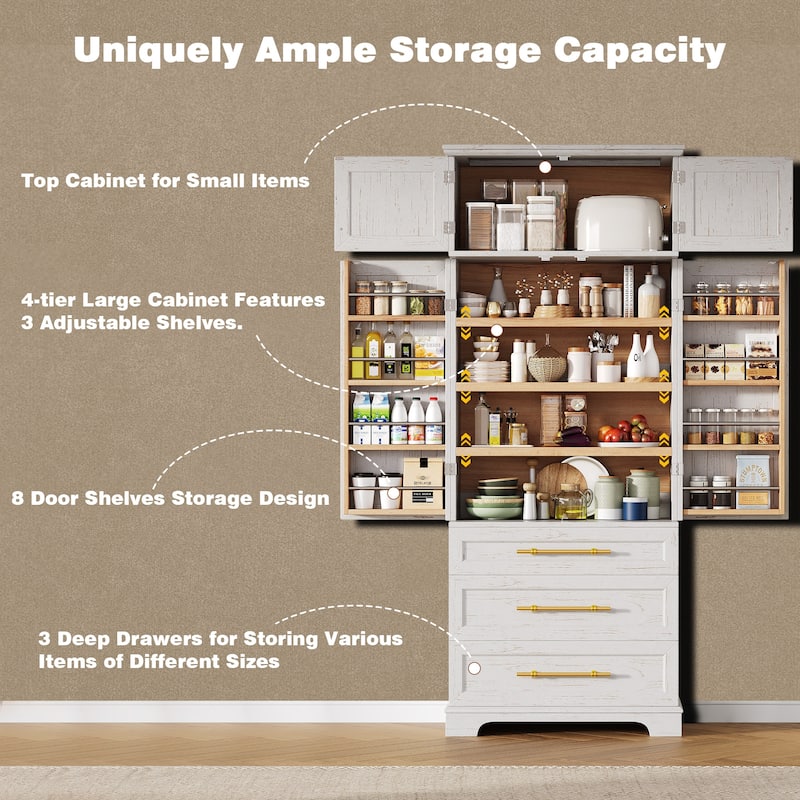 78.2" Farmhouse Kitchen Pantry Cabinet with 8 Door Shelves, 3 Adjustable Shelves and 3 Drawers for Kitchen & Dining Storage
