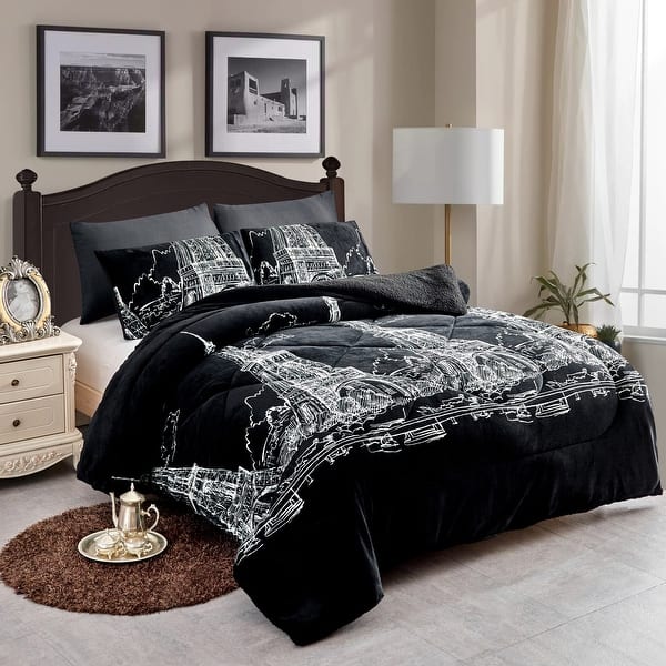 slide 2 of 11, 3 piece Fleece/ Sherpa Comforter Set Black Towel - King