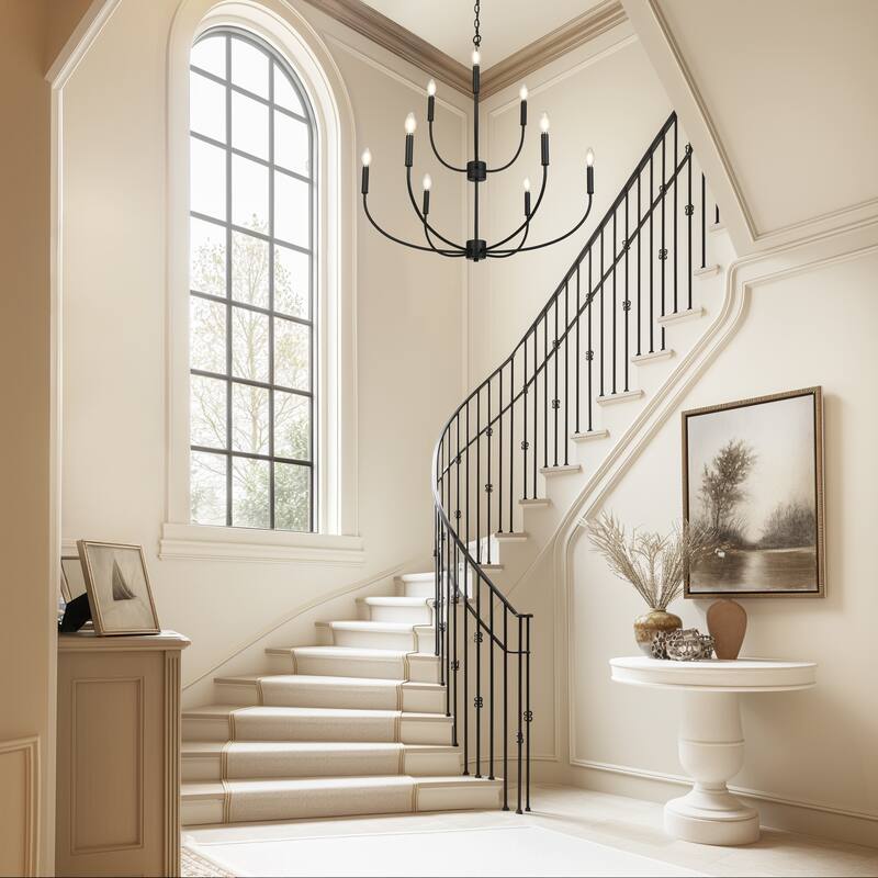 Oriea Modern Farmhouse 9-Light Black Classic Chandelier for Living Dining Room - D 32.3" x H 34"