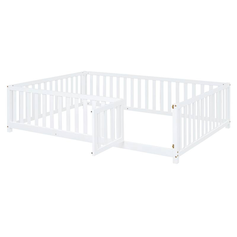 Full Size Wood Daybed with Fence Guardrails and 2 Drawers, Convertible to Floor Bed & Daybed, White