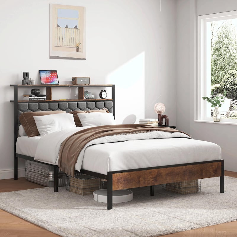 Wooden Platform Bed Frame with Soft Packaging, Bedside with 2 USB Ports, Noise-Free - Brown - Full