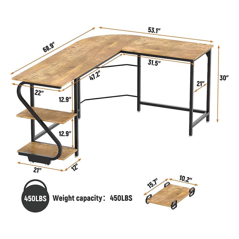Reversible L-Shaped Large Corner Computer Desk with Shelves Brown