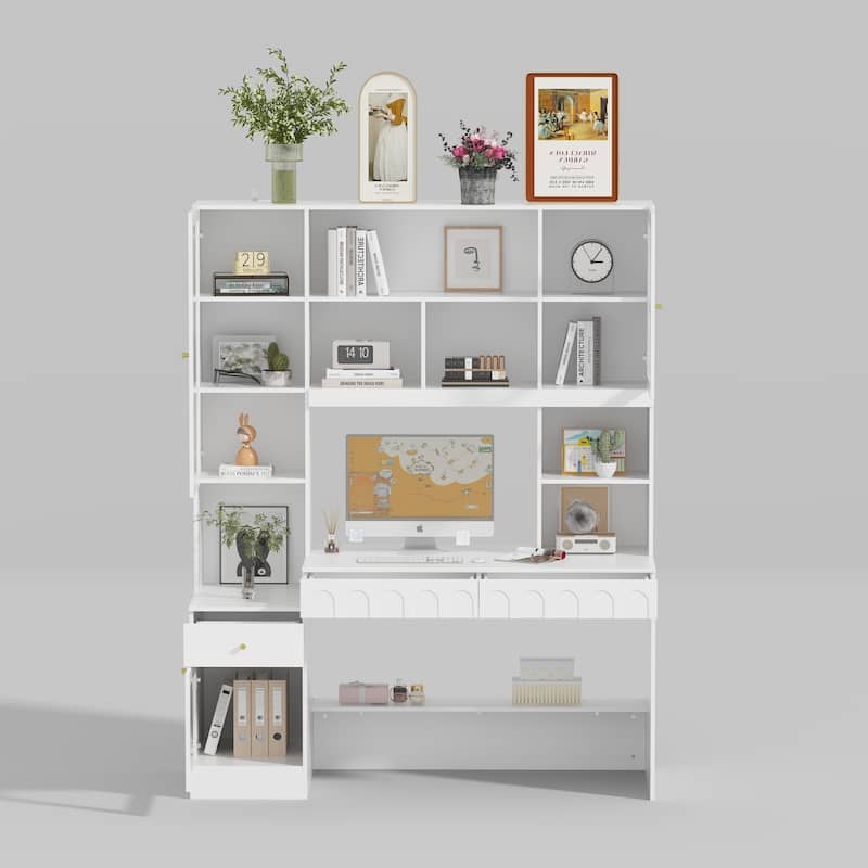 Multi-Tier Bookcase Built-In Desk - Space-Saving Design Home or Office