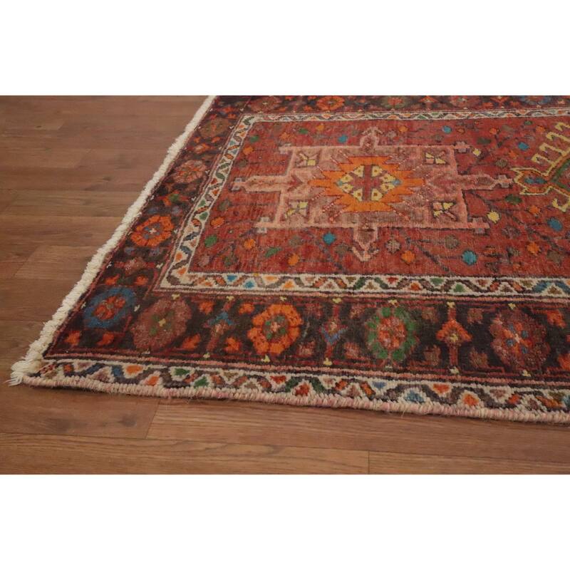 Hand Knotted Oriental 100% Wool Carpet Traditional Geometric Oranges & Rust Heriz Runner Rug - 10' 7'' X 3' 1''