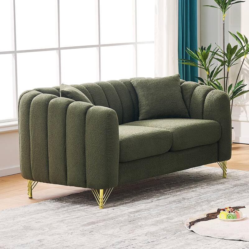 Roomfitters 63" Modern Teddy Fabric Loveseat with Gold Legs, Channel Stitched 2-Seater Sofa for Small Spaces