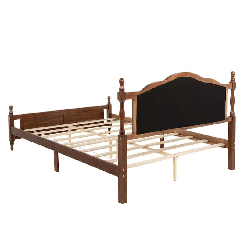 Pine Wooden Platform Bed with Upholstered Headboard and Panel Footboard,Queen Size