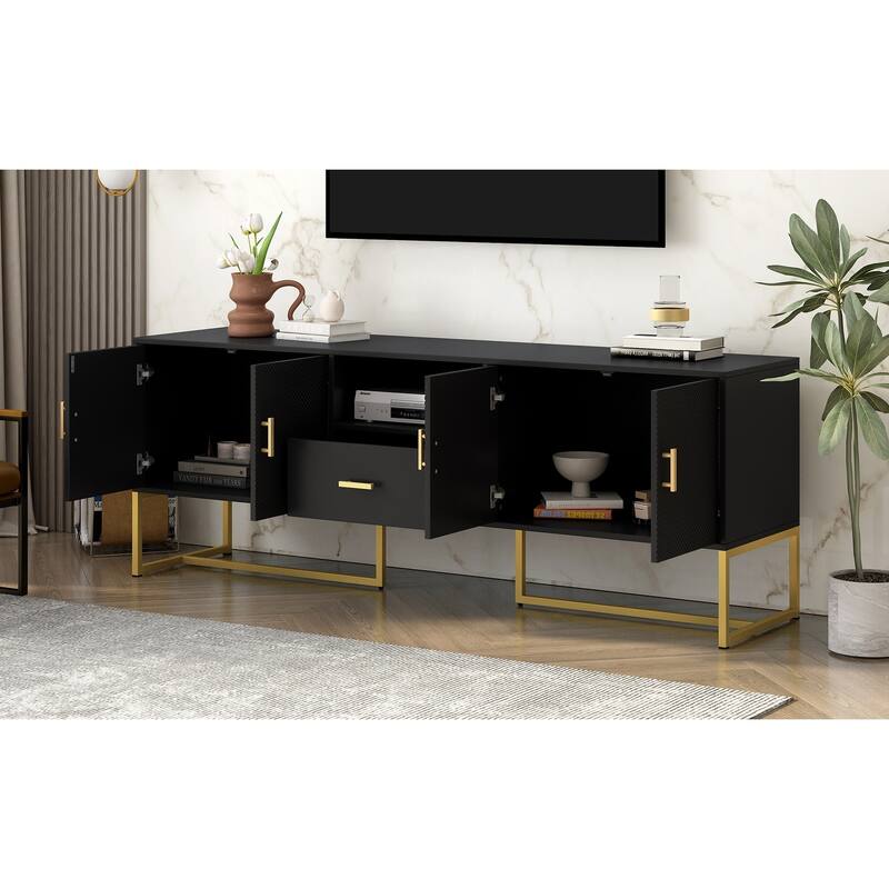 Roomfitters Modern TV Stand for up to 70 Inch TV, Media Cabinet with Drawer, Metal Legs and Safety Features, Black