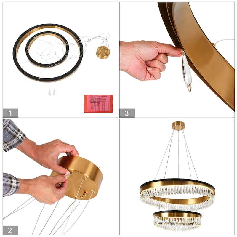 Modern Luxury 2-Tier LED Crystal Chandelier Black Gold Drum Light for Dining Living Room - D31.5" x H73" Max