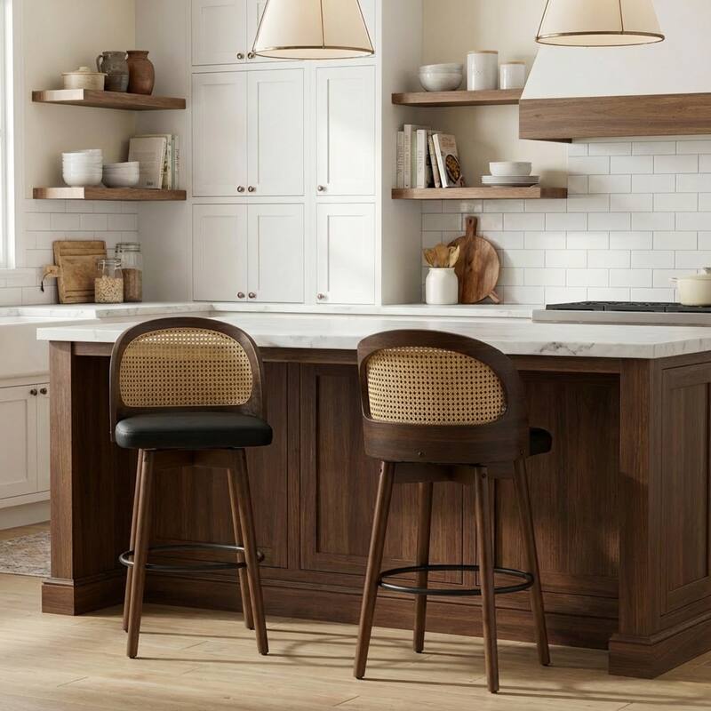 Roomfitters Como Indoor Wood Barstools with Rattan Back, PU Seat Set of 2 - Set of 2