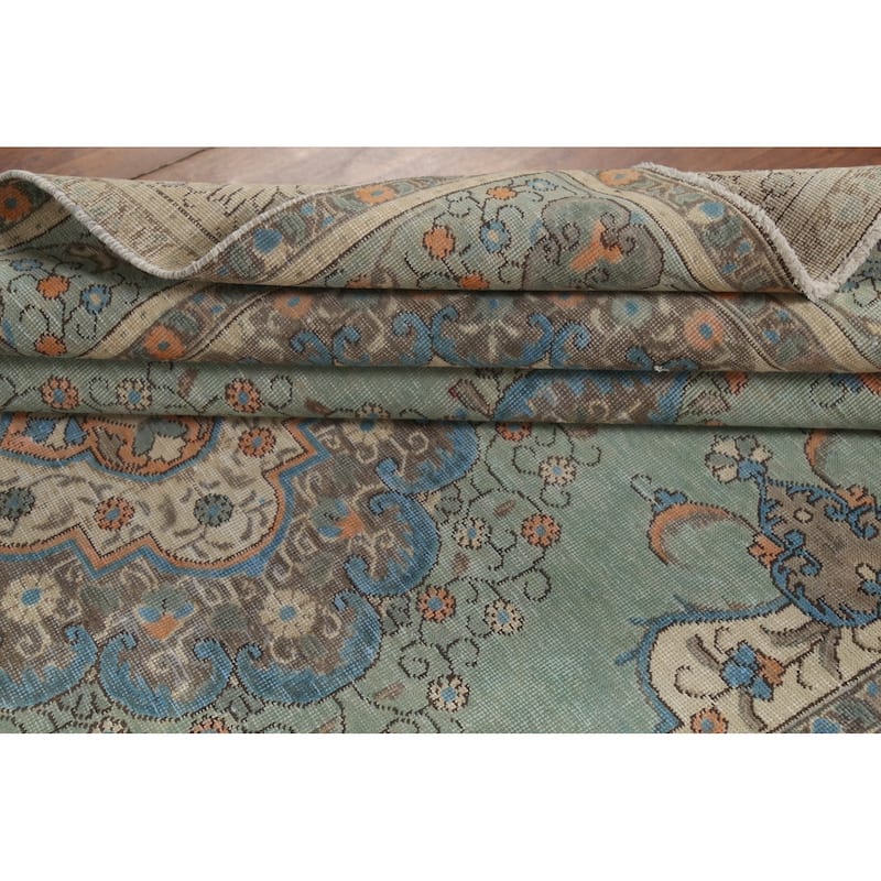 Turquoise Green Tabriz Persian Vintage Area Rug Handmade Wool Carpet - 6'8"x 9'6"