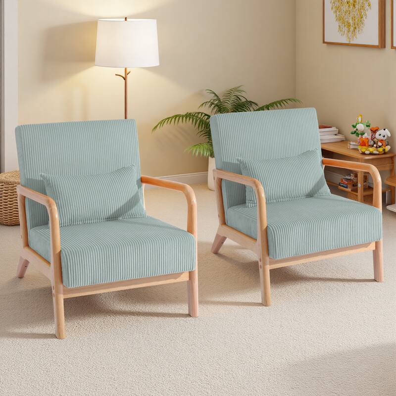 25" W Mid Century Upholstered Wood Accent Chair with Pillow set of 2
