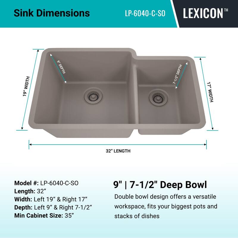 32 Inch Lexicon Platinum Quartz Composite Drop-in Undermount Galaxy Concrete - 19" W x 32" L x 9.75" H