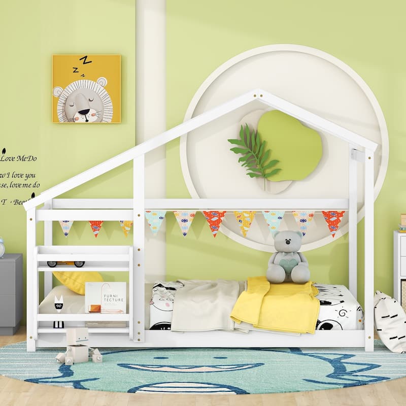 White Twin Size Wooden House Floor Bed with Shelf and Roof