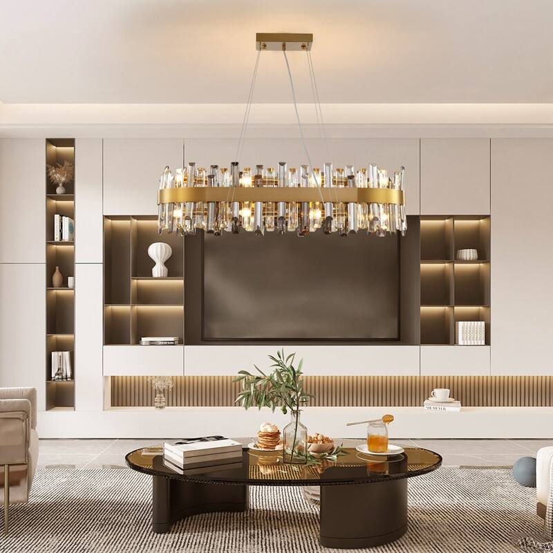 35.4'' Modern Crystal Chandelier 16-Light Rectangle Gold Brass Chandelier Luxury 2-Tier Crystal Pendant Light for Kitchen Island