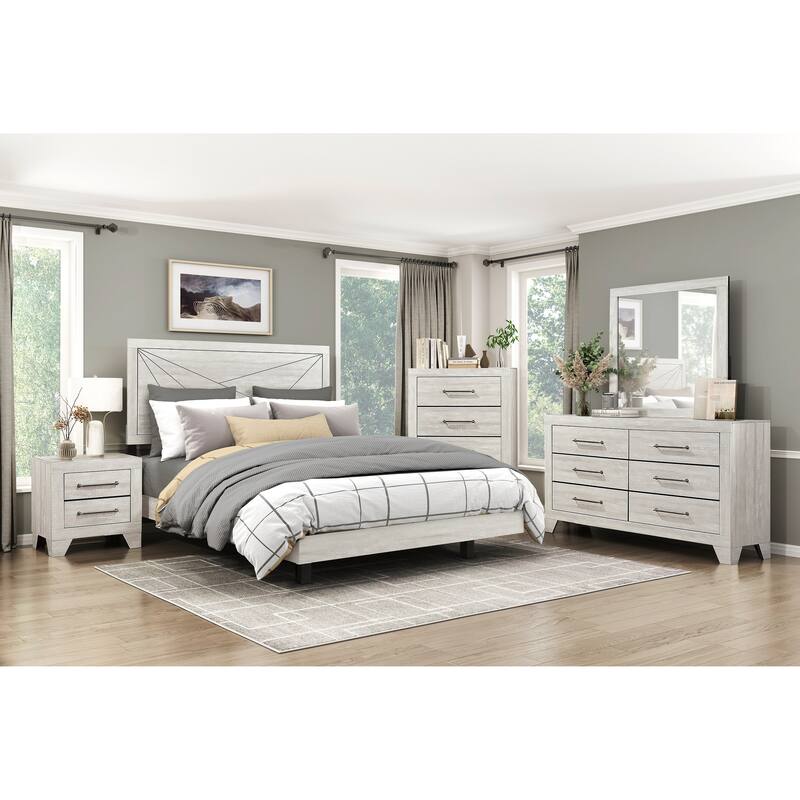 Contemporary Gray Oak Queen Bed Frame with Line Pattern Headboard