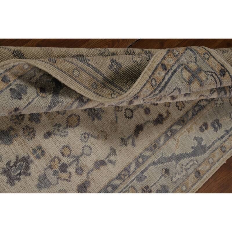 Vegetable Dye Beige Oushak Turkish Runner Rug Hand-Knotted Wool Carpet - 3'2" x 11'10"