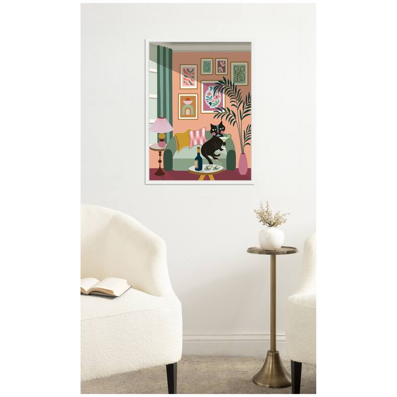 Kate and Laurel Cocktail Cat by Rachel Lee 3 Birdies Studio Framed Canvas Wall Art Print