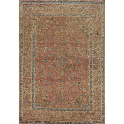 Traditional Floral Mashad Persian Vintage Rug Handmade Wool Carpet - 7'10" x 10'11"