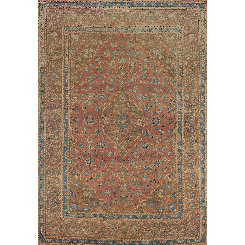 Traditional Floral Mashad Persian Vintage Rug Handmade Wool Carpet - 7'10" x 10'11"