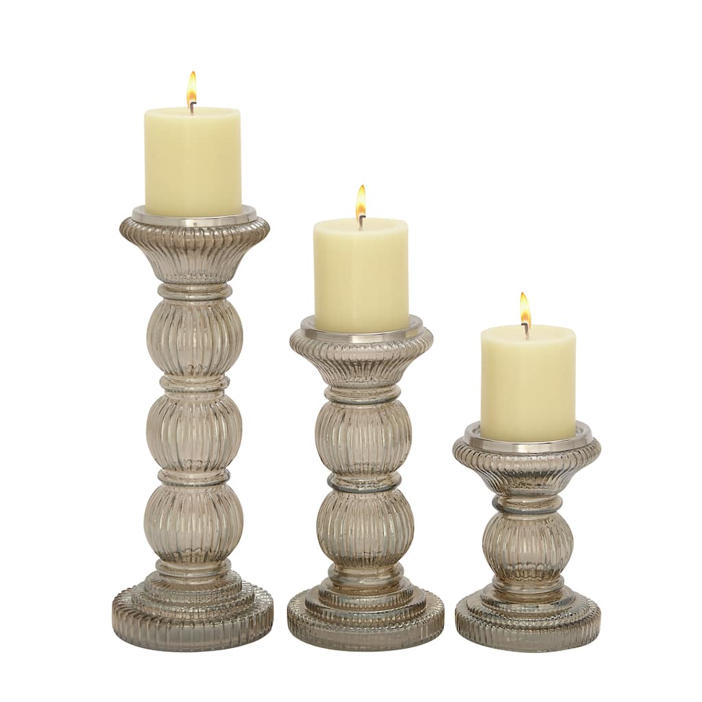 Glass Handmade Turned Style Pillar Candle Holder - Set of 3 Gray - Roche River Decor - 4"W x 4"L x 6"H