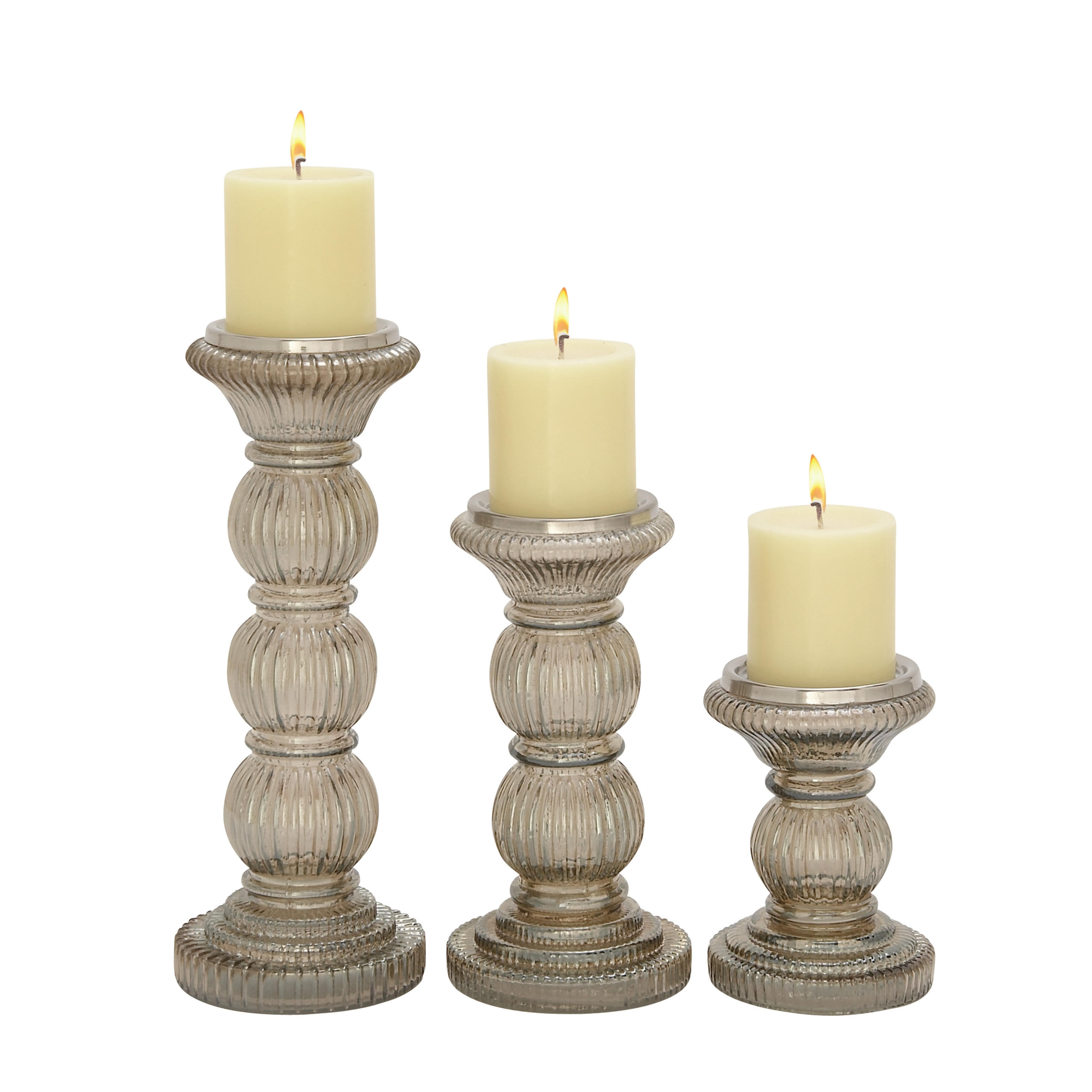 Roche River Decor - Glass Handmade Turned Style Pillar Candle Holder - Set of 3 Gray - 4"W x 4"L x 6"H