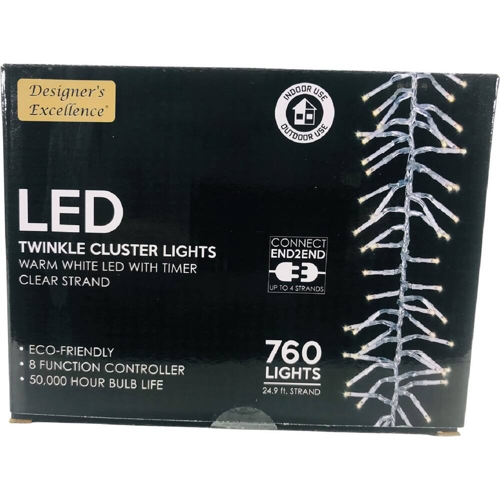 LED Twinkle Cluster Lights 24.9Ft White w/ Clear Strand Connect End to End - 24.9 Feet