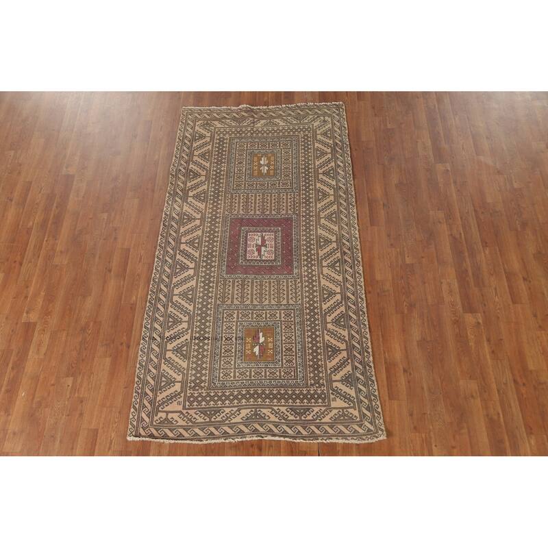 Geometric Balouch Persian Vintage Area Rug Handmade Wool Carpet - 3'8" x 7'1"
