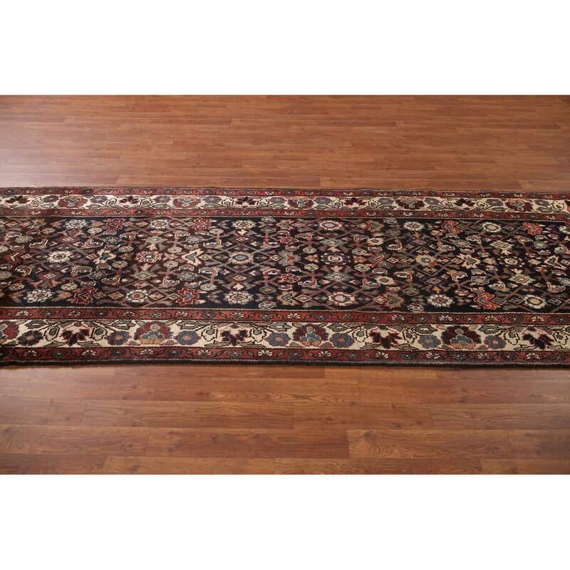 Hand Knotted Oriental 100% Wool Carpet Traditional Geometric Black Malayer Runner Rug - 10' 3'' X 3' 4''
