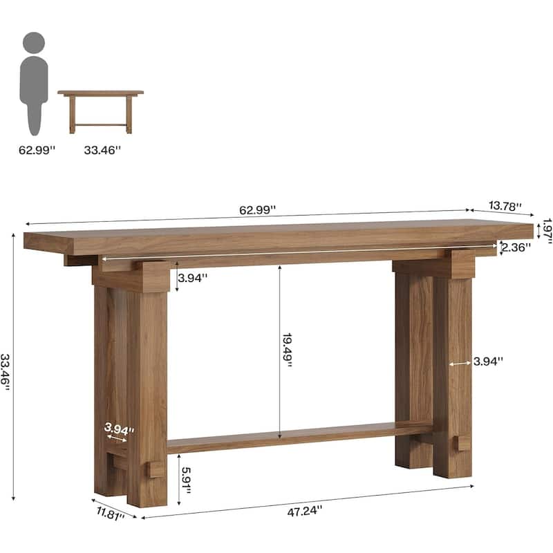 63-Inch Farmhouse Console Table with Storage for Living Room, Hallway, Entrance, Brown