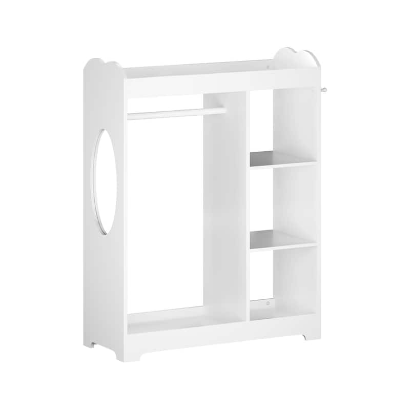 Kids Dress Up Storage with Mirror and Hooks, Wooden Clothes Rack with Hanging Rod, 3 Side Hooks, Storage Shelves and Top Shelf