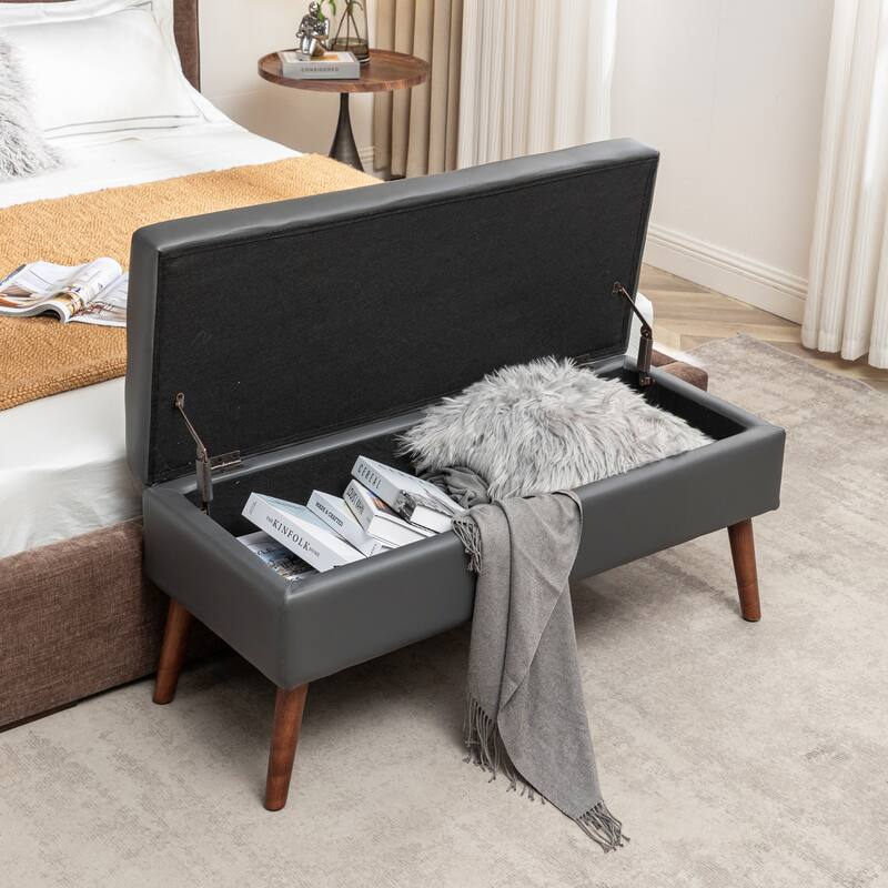 43.3" Linen Upholstered Storage Ottoman Bench with Wood Legs, Safety Hinge Flip Top, 300lb Capacity