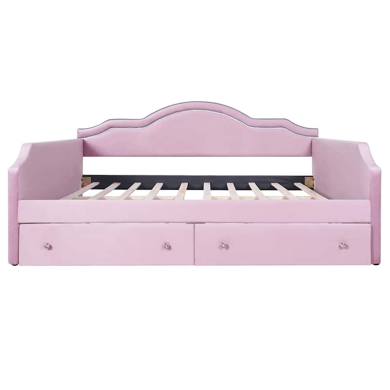 Pink Velvet Upholstered Full Size Daybed with LED Lights and 2 Storage Drawers