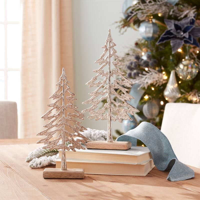 Metal Tree with Wood Base (Set of 2) - N/A