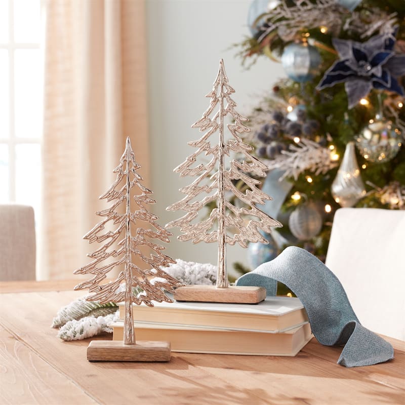 Set of 2 Modern Metal Trees with Wood Base for Christmas Decor