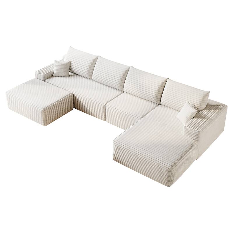U Shaped Modular Sectional Sofa with Ottoman & Chaise, Corduroy Upholstered Boneless Couch, Corner Deep Seat Compressed Sofa
