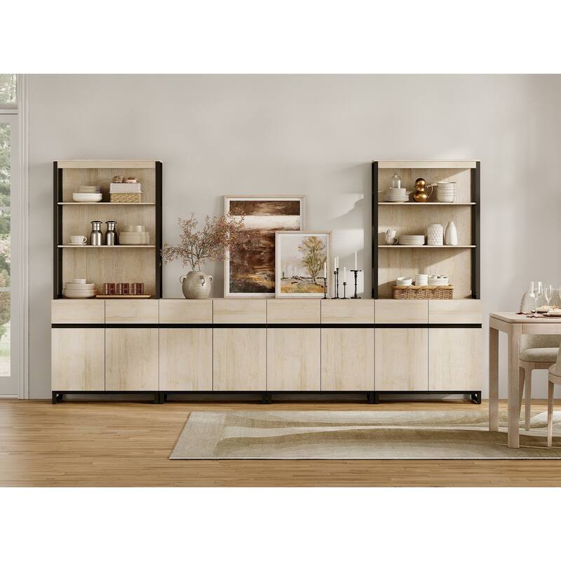 WAMPAT Modern TV Stand with 3 Tiers Bookshelf, Farmhouse Entertainment Center with 4 Large Storage Cabinets and Adjustable Shelf